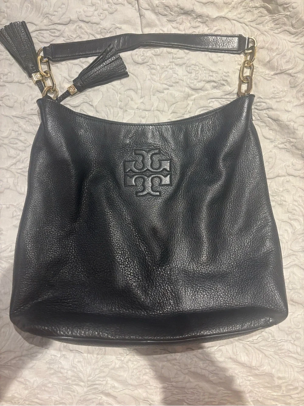 Tory Burch Black Pebbled Leather Shoulder Bag with Tassels